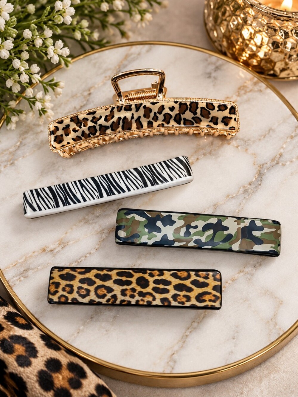 3 Leopard Camo Zebra Hair Clips Pony-O
